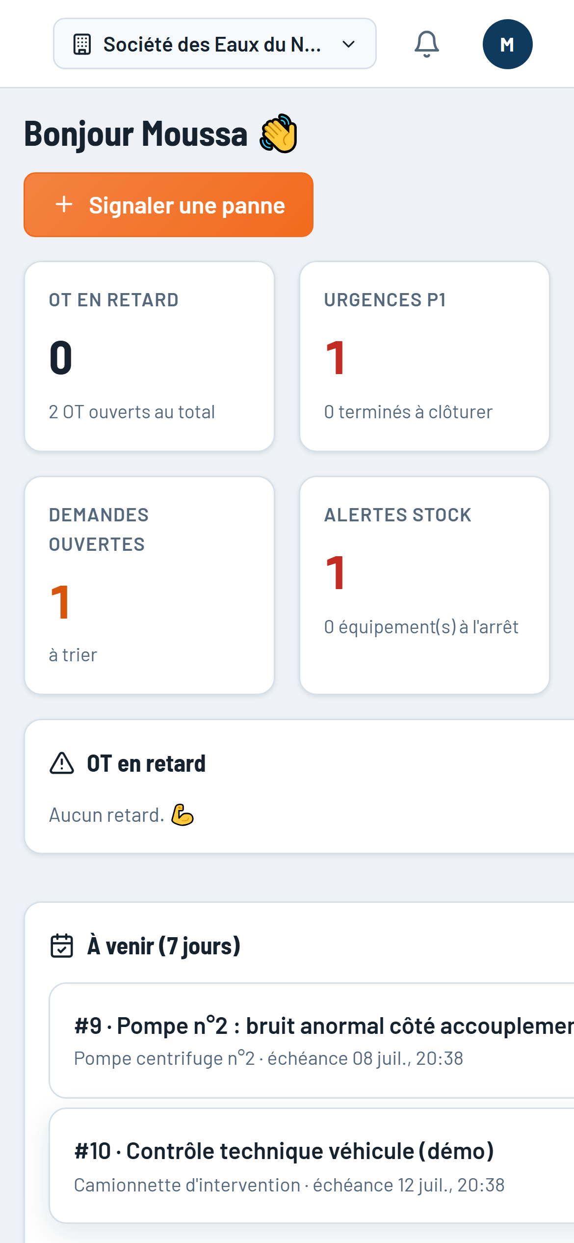 Tableau de bord GMAO Easy sur mobile