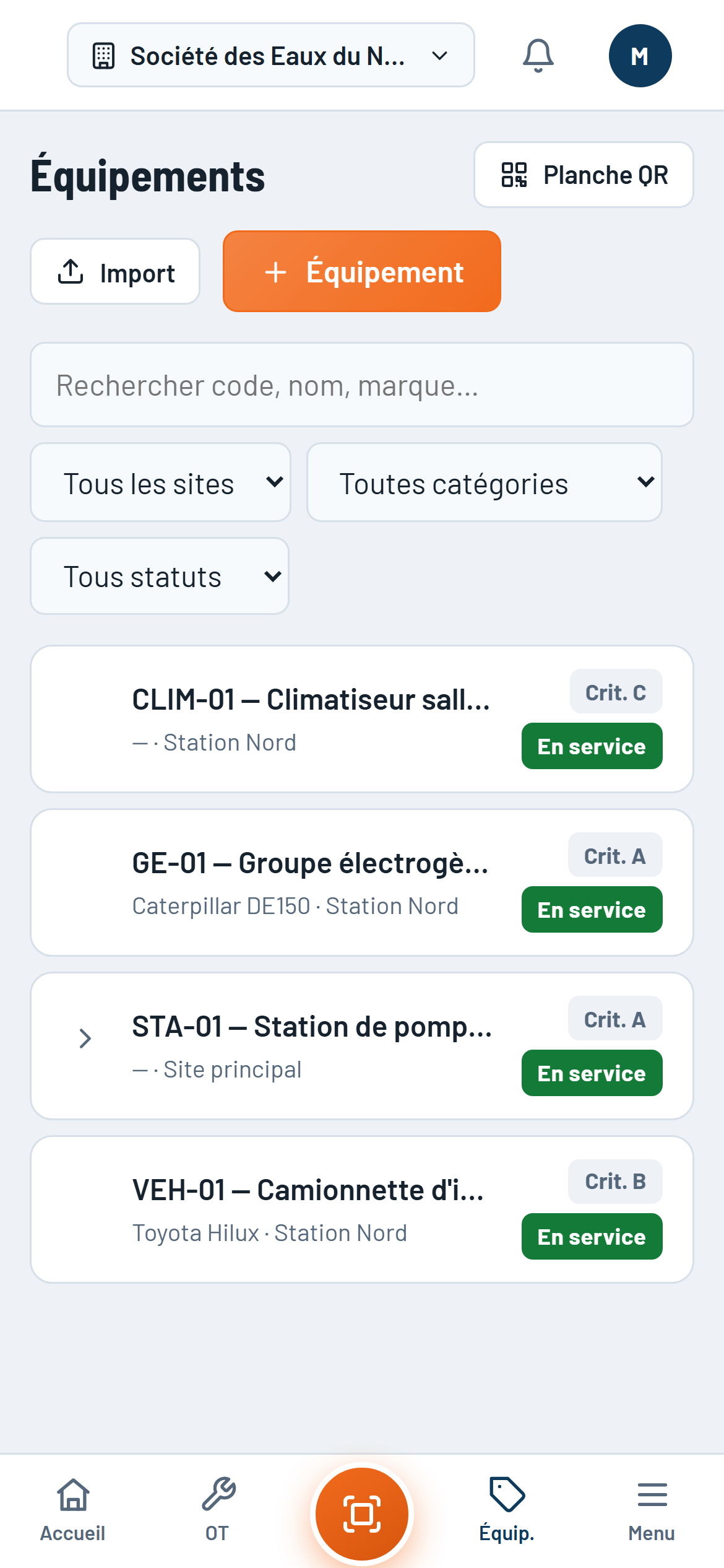 Liste des équipements